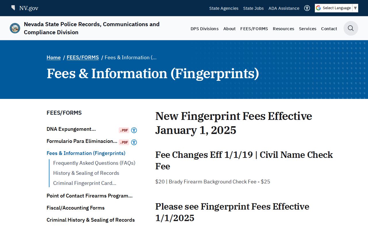 Nevada Criminal History Repository fingerprint forms and fees