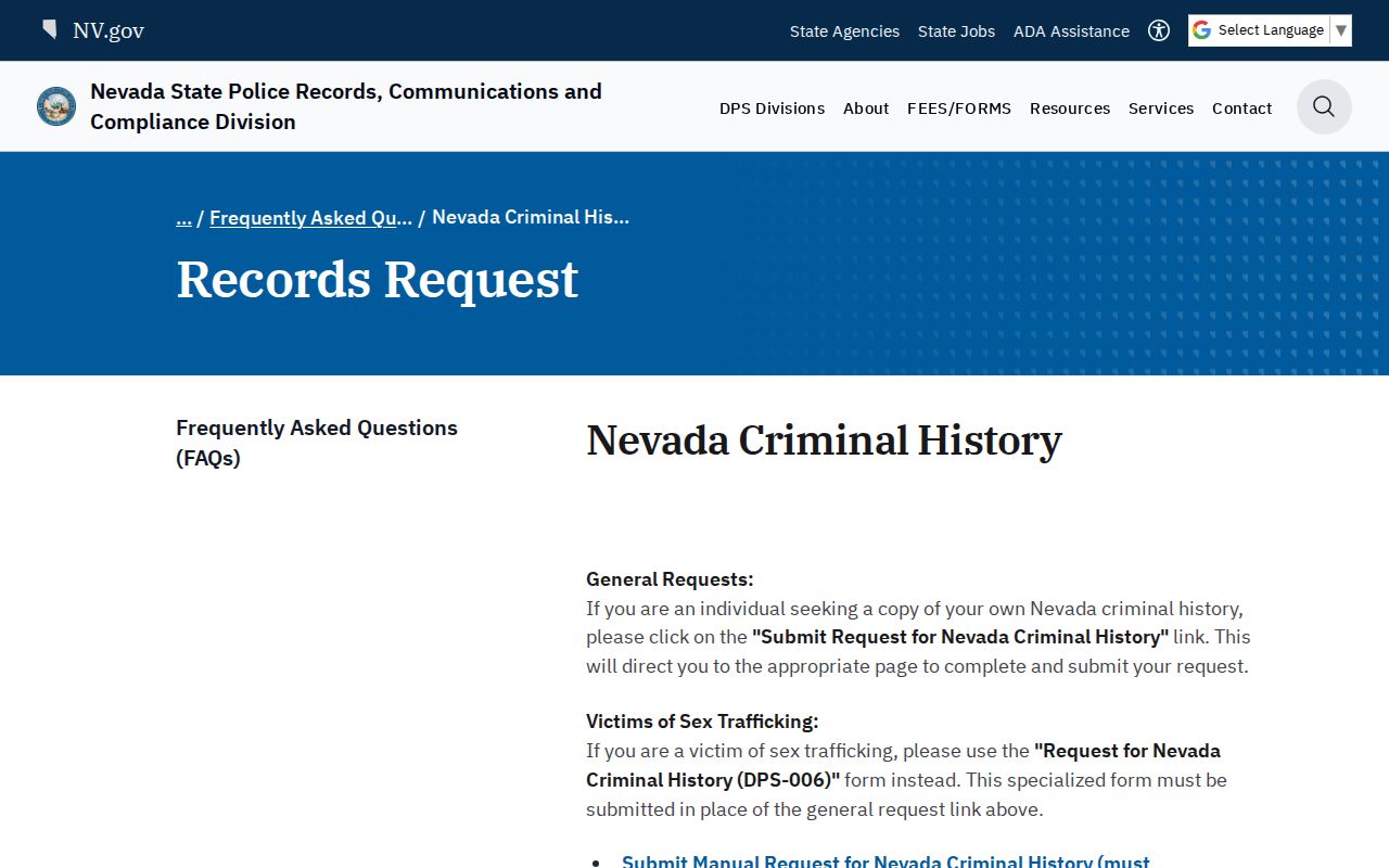 Nevada Criminal History Repository request options