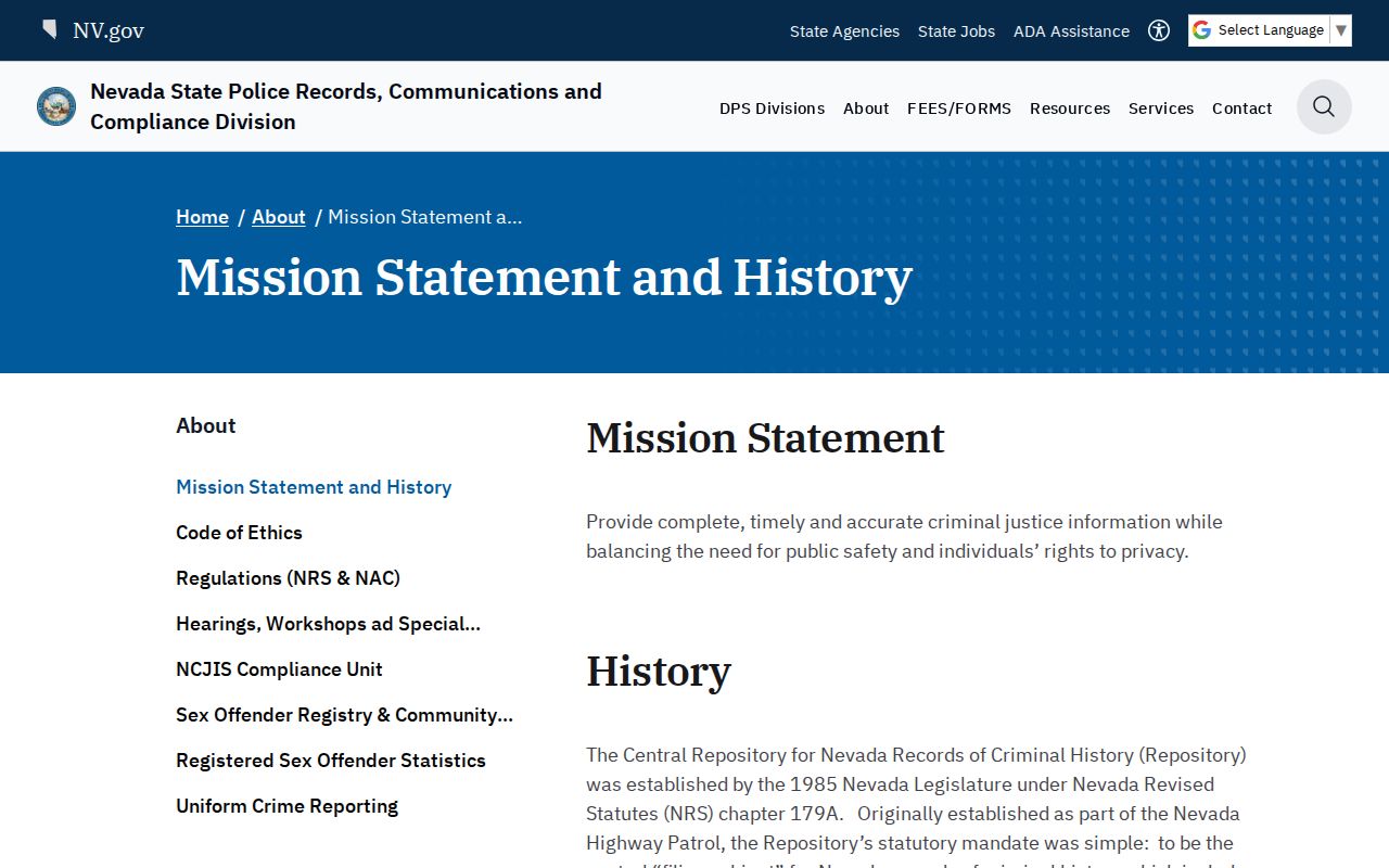Nevada Criminal History Repository mission and history