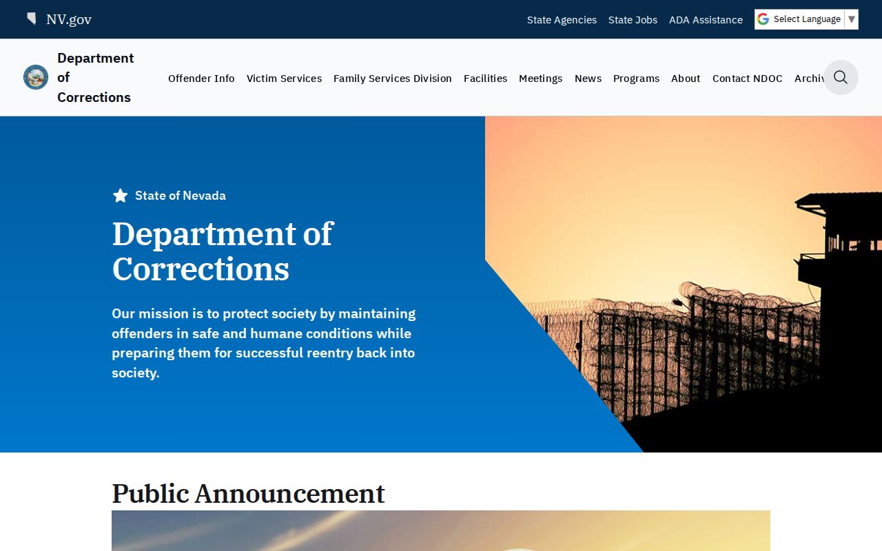 Nevada criminal history Department of Corrections website