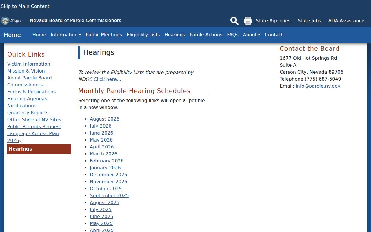 Nevada criminal history parole hearing schedules