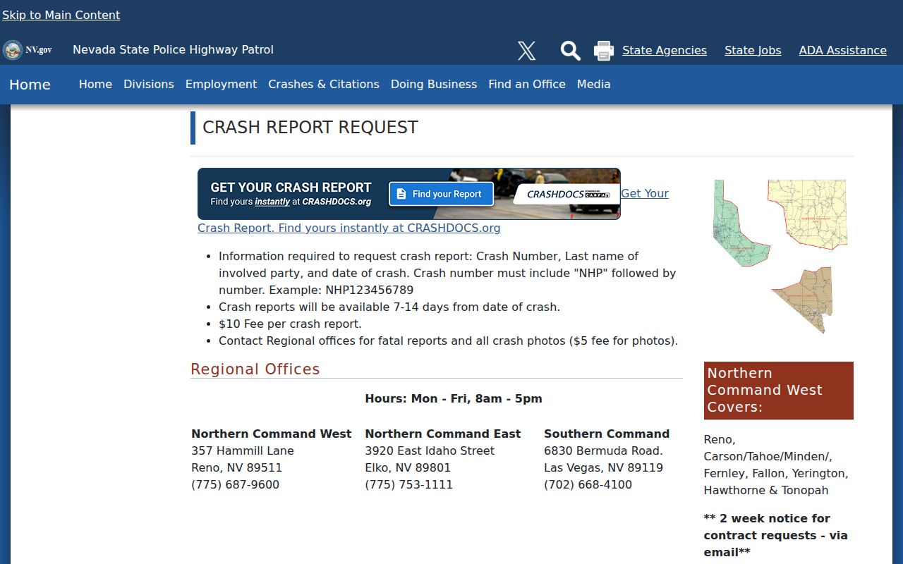 Nevada criminal history Highway Patrol crash report request