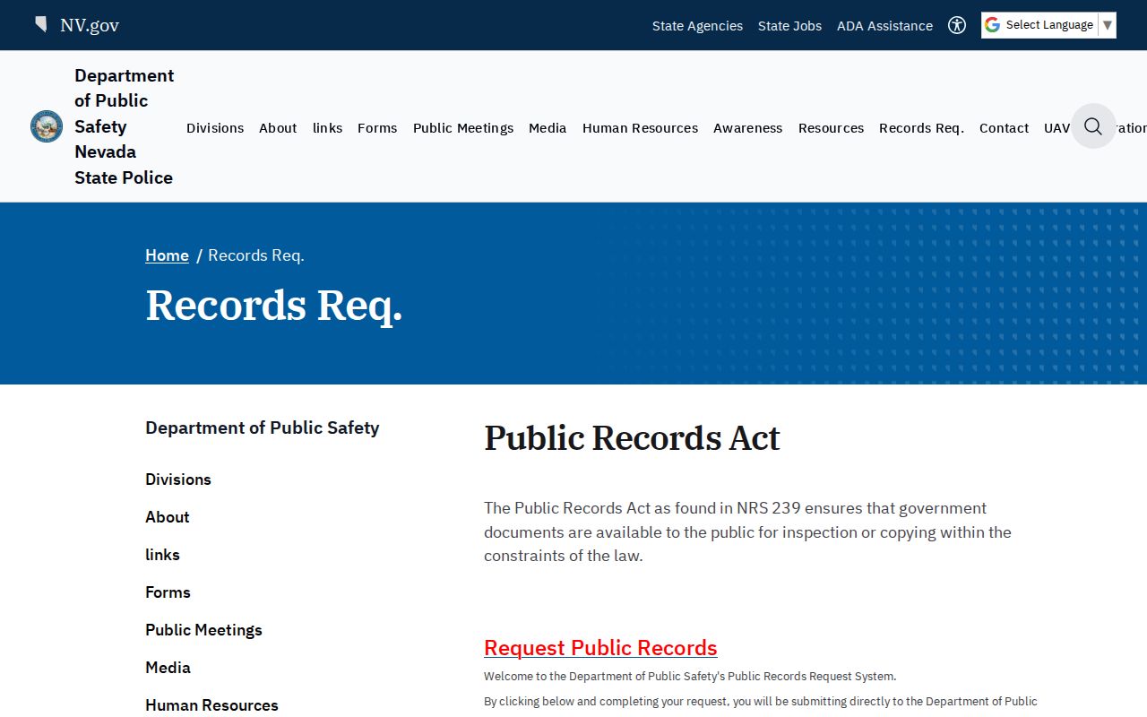 Nevada criminal history DPS public records request page